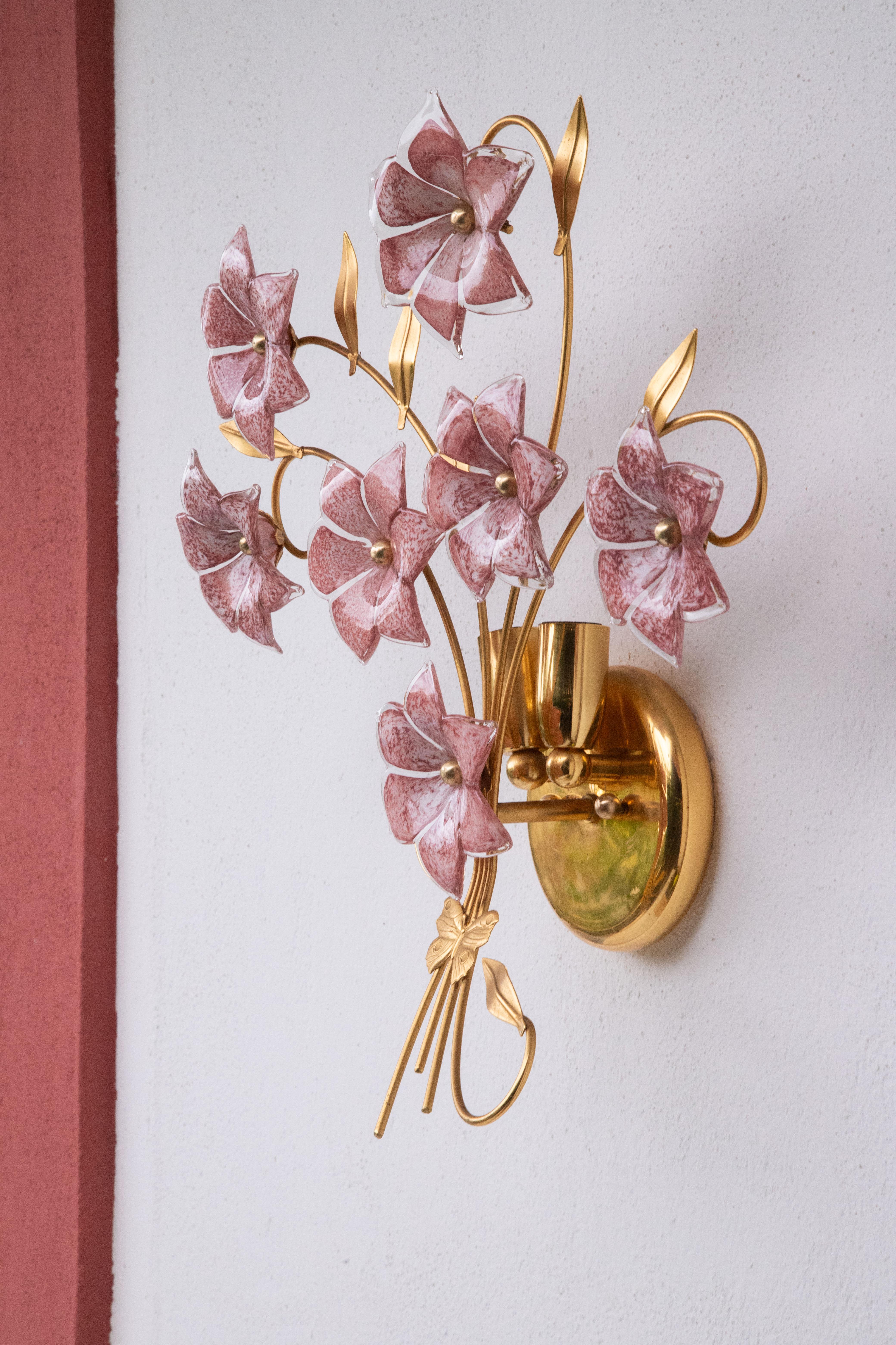Large Size Murano Wall Light Pink Flowers, 1970s For Sale 5