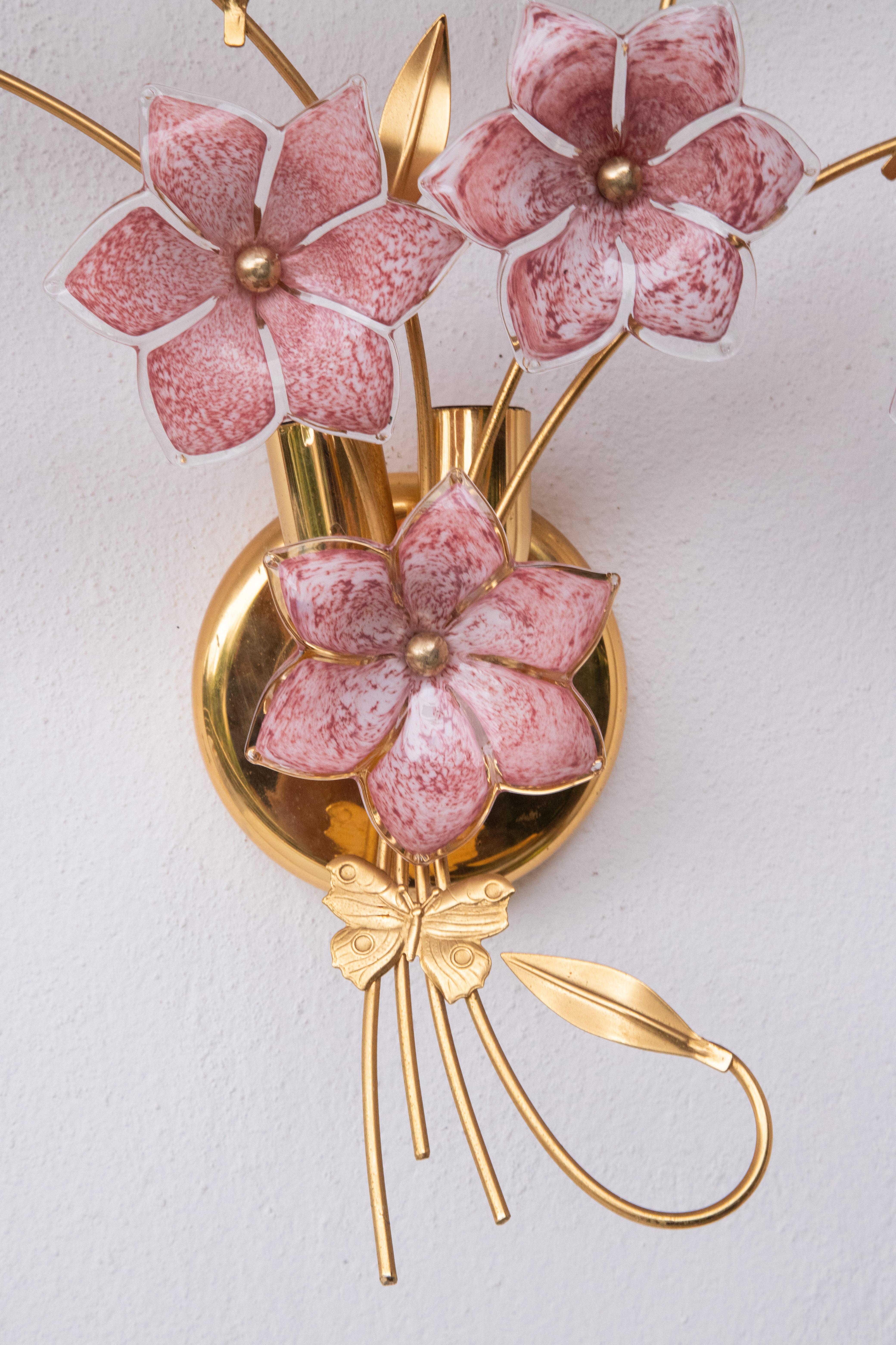 Large Size Murano Wall Light Pink Flowers, 1970s In Good Condition For Sale In Roma, IT