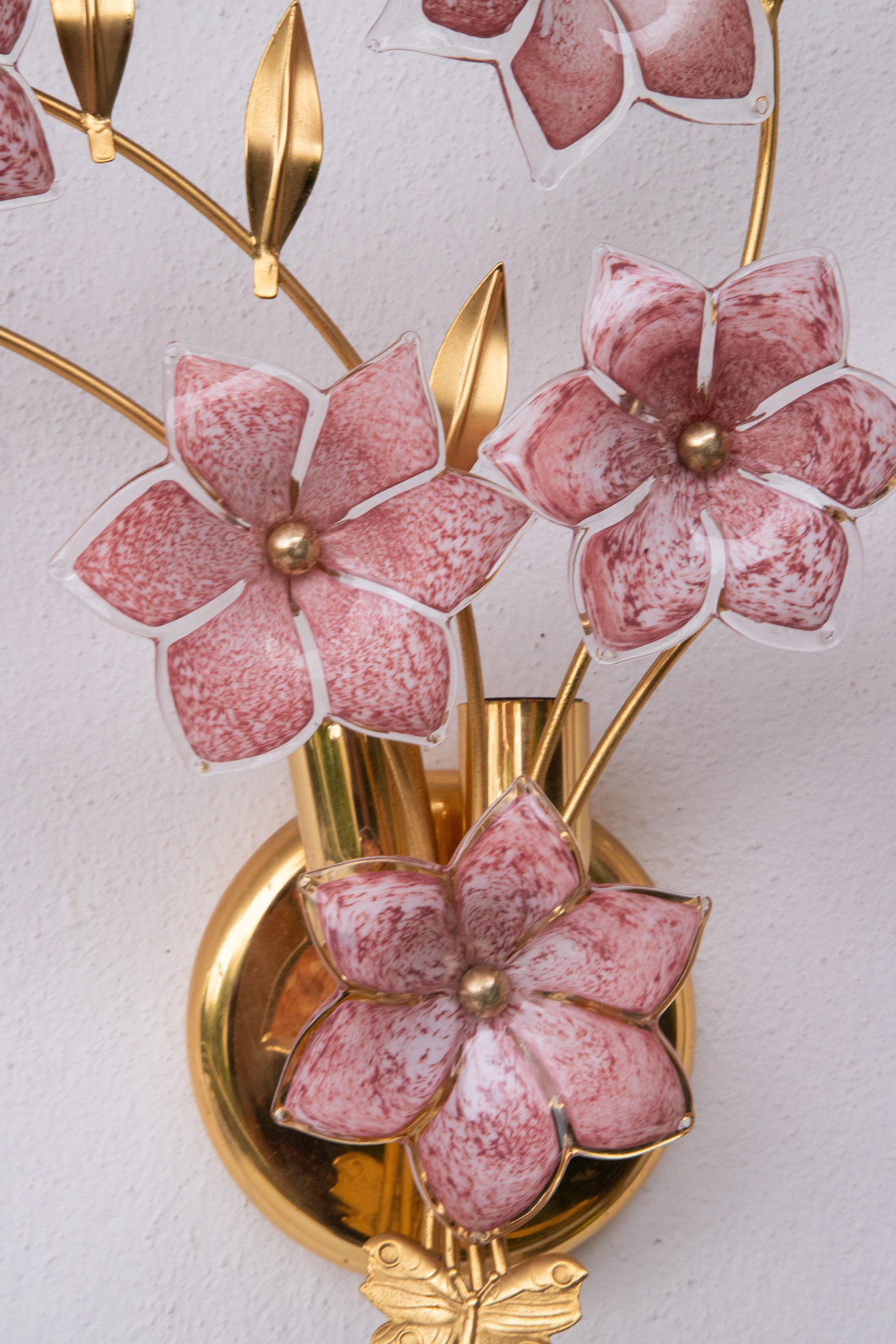 Murano Glass Large Size Murano Wall Light Pink Flowers, 1970s For Sale