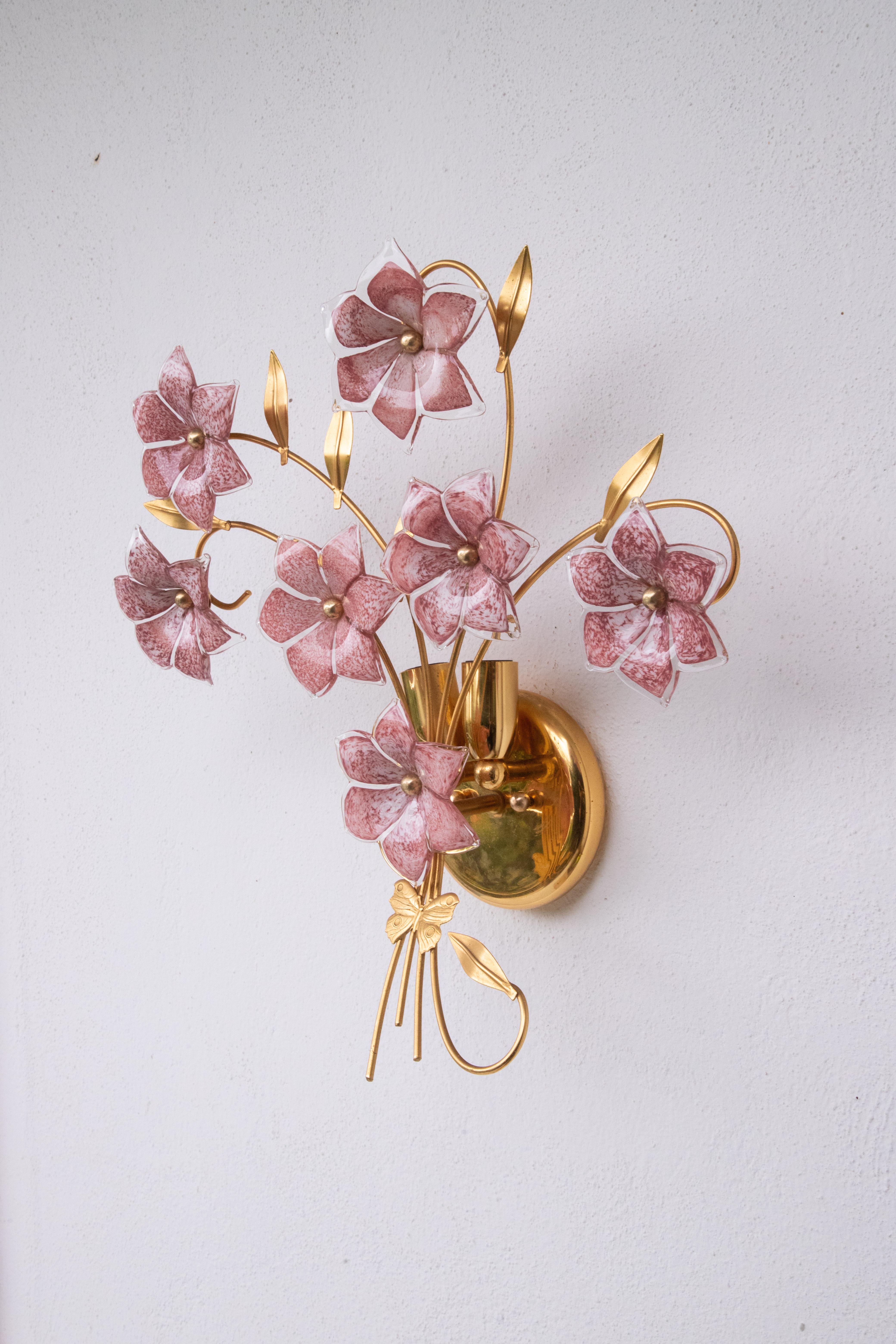 Large Size Murano Wall Light Pink Flowers, 1970s For Sale 3