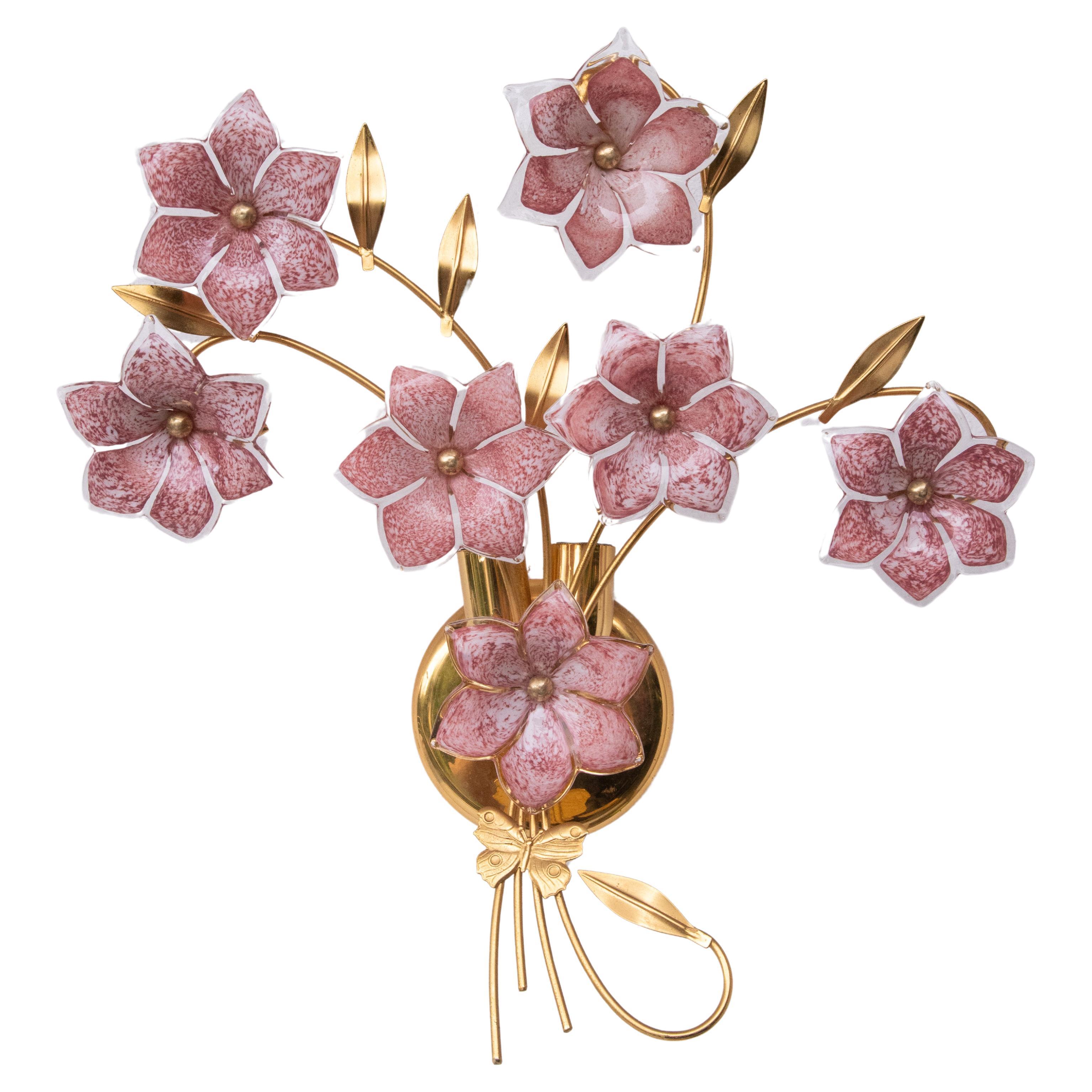 Large Size Murano Wall Light Pink Flowers, 1970s For Sale