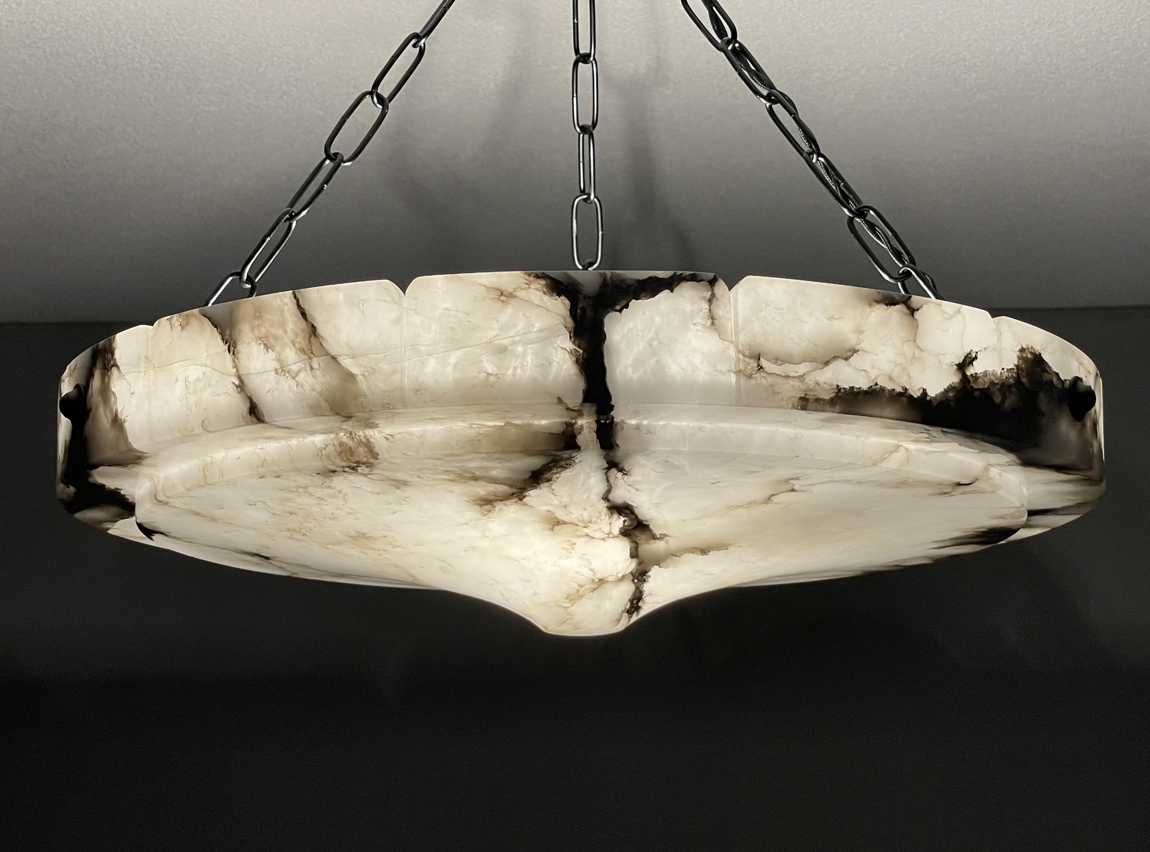 Hand-Crafted Large Size & Pure Art Deco, Flat & Layered Alabaster Pendant with Perfect Canopy