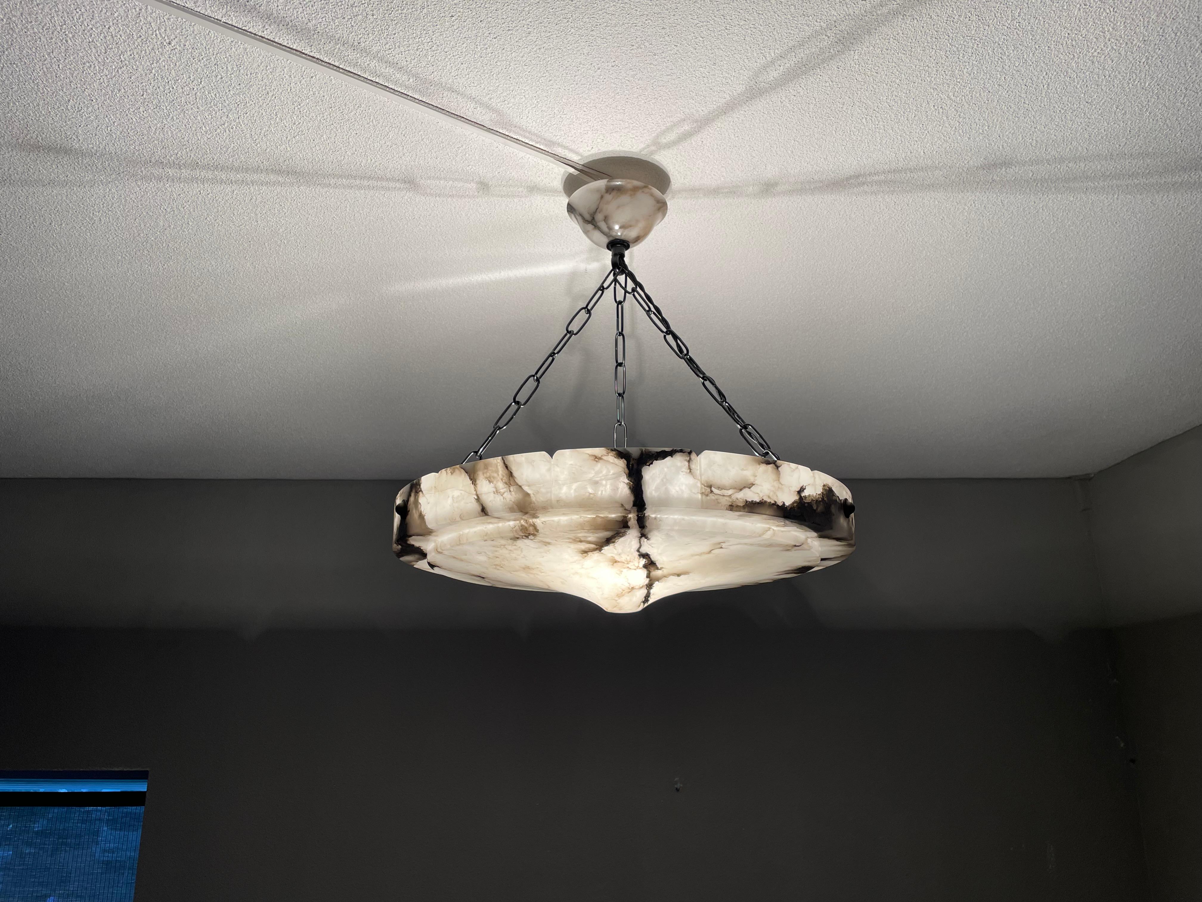 20th Century Large Size & Pure Art Deco, Flat & Layered Alabaster Pendant with Perfect Canopy
