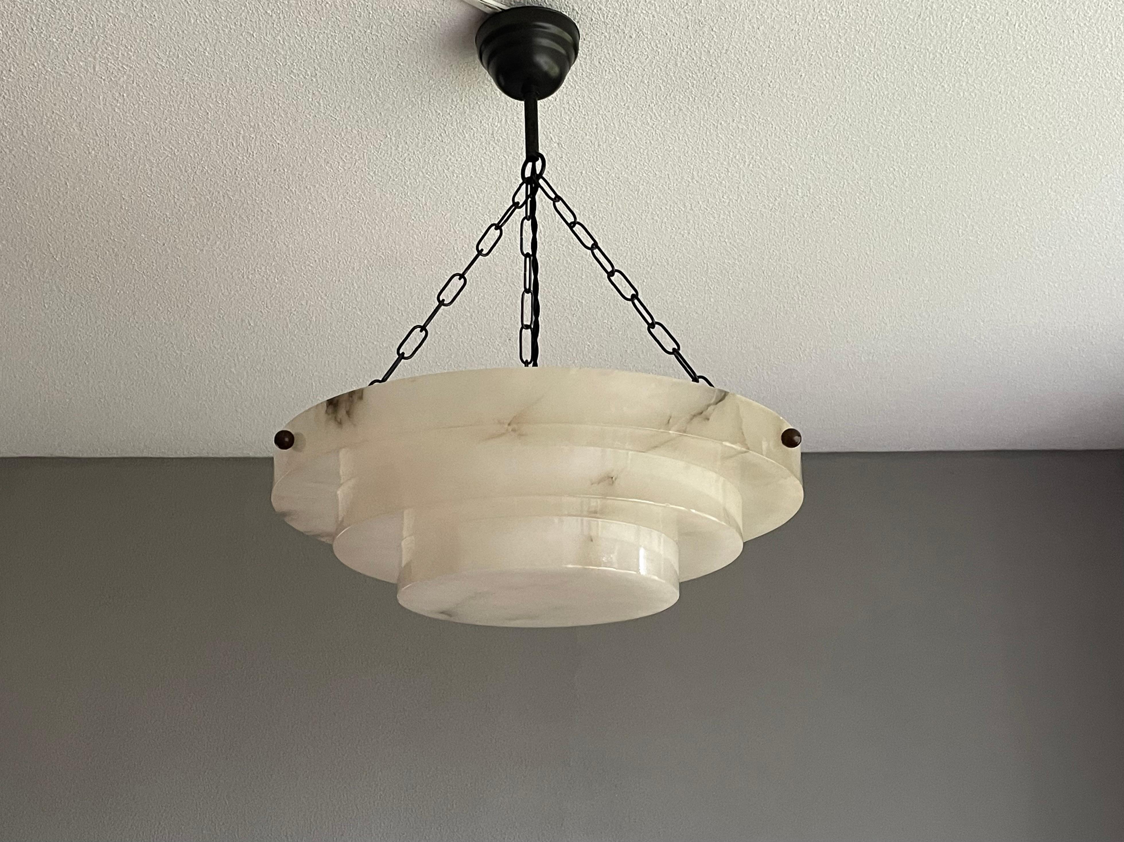 Patinated Large Size & Pure Art Deco Thickly Layered Alabaster Pendant / Flush Mount 1915