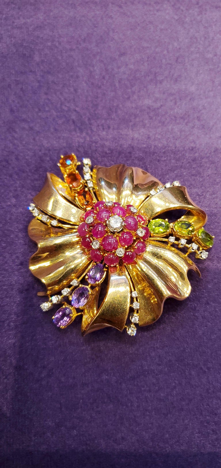 Large Size Retro Multi Gem and Diamond Flower Brooch In Excellent Condition For Sale In New York, NY