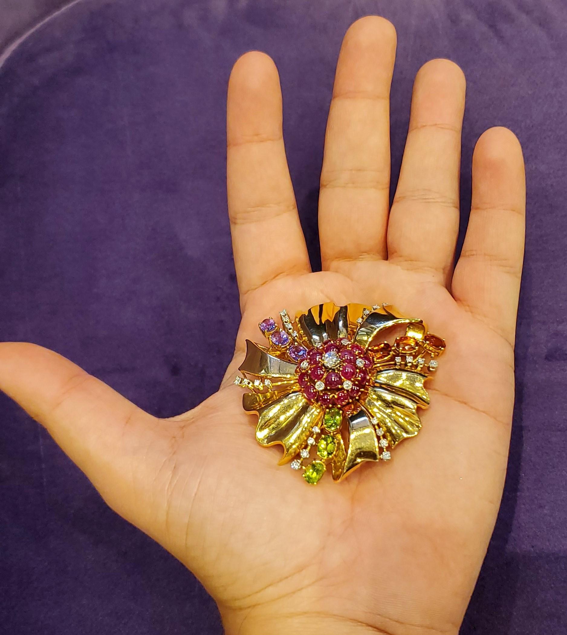 Large Size Retro Multi Gem and Diamond Flower Brooch In Excellent Condition For Sale In New York, NY