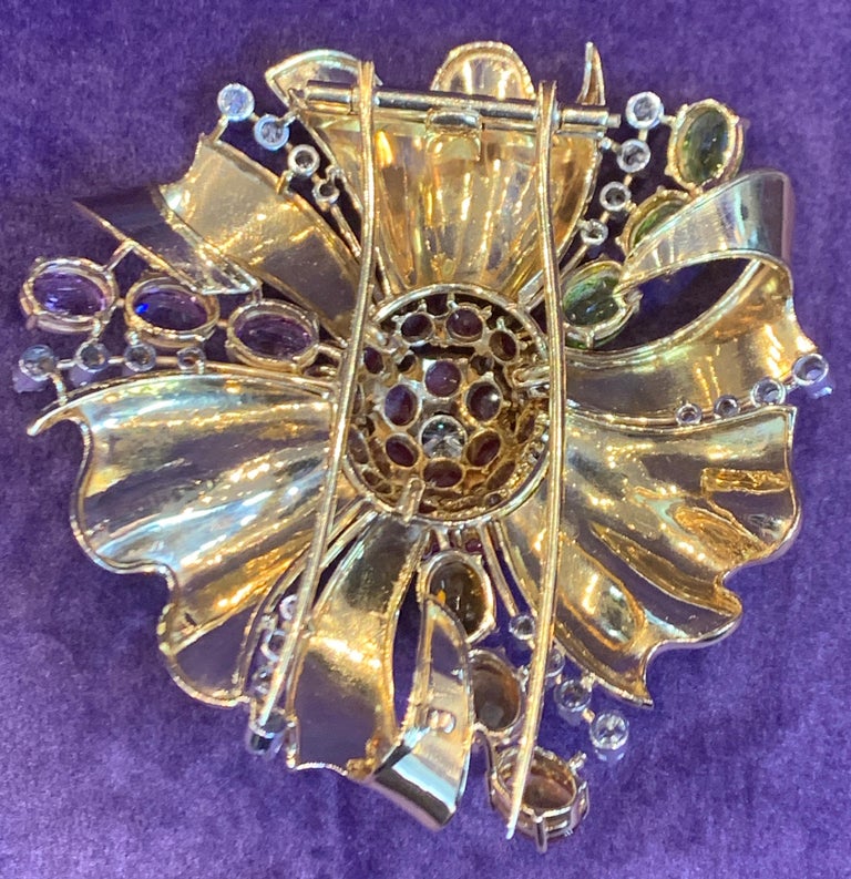 Large Size Retro Multi Gem and Diamond Flower Brooch For Sale 3