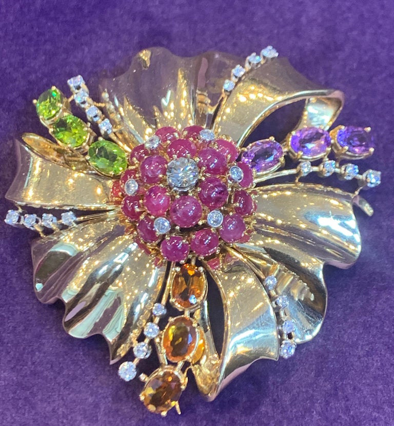 Large Size Retro Multi Gem and Diamond Flower Brooch For Sale 4