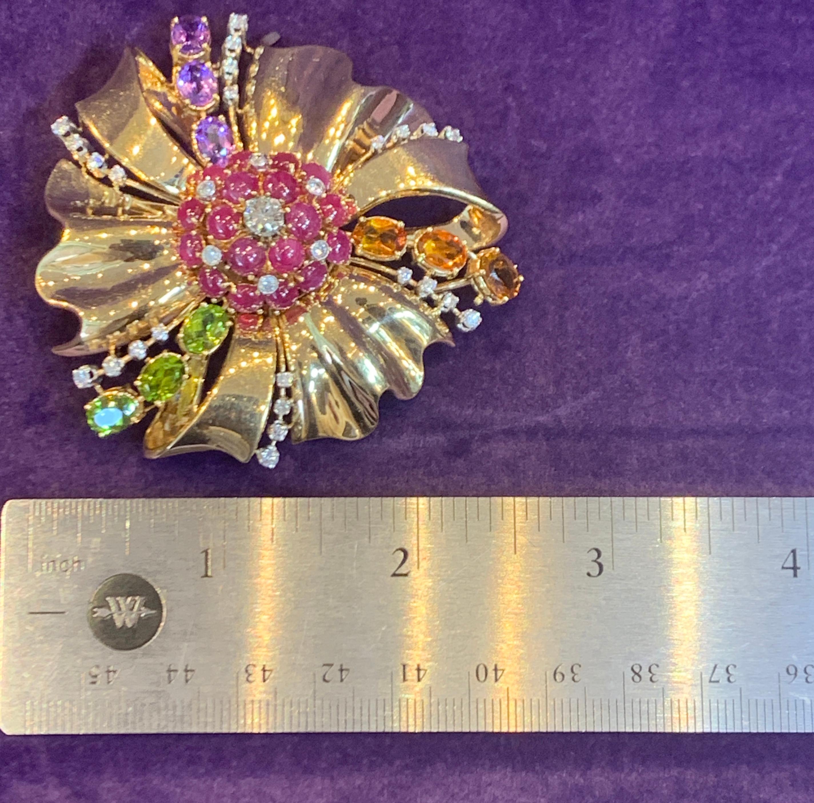 Large Size Retro Multi Gem and Diamond Flower Brooch For Sale 2