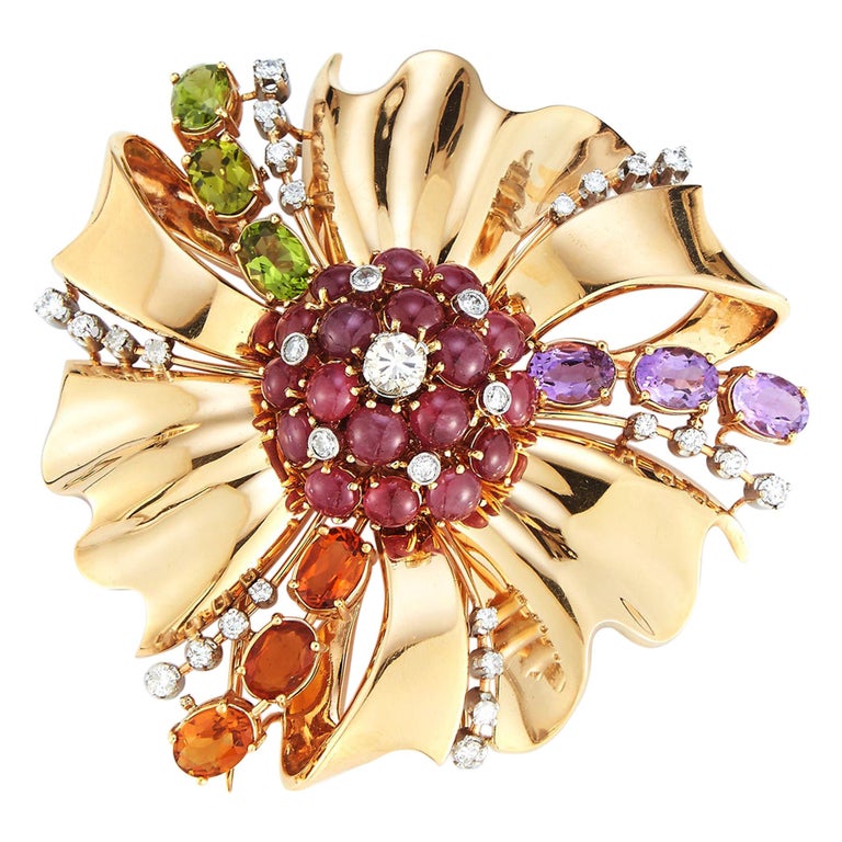 Large Size Retro Multi Gem and Diamond Flower Brooch For Sale
