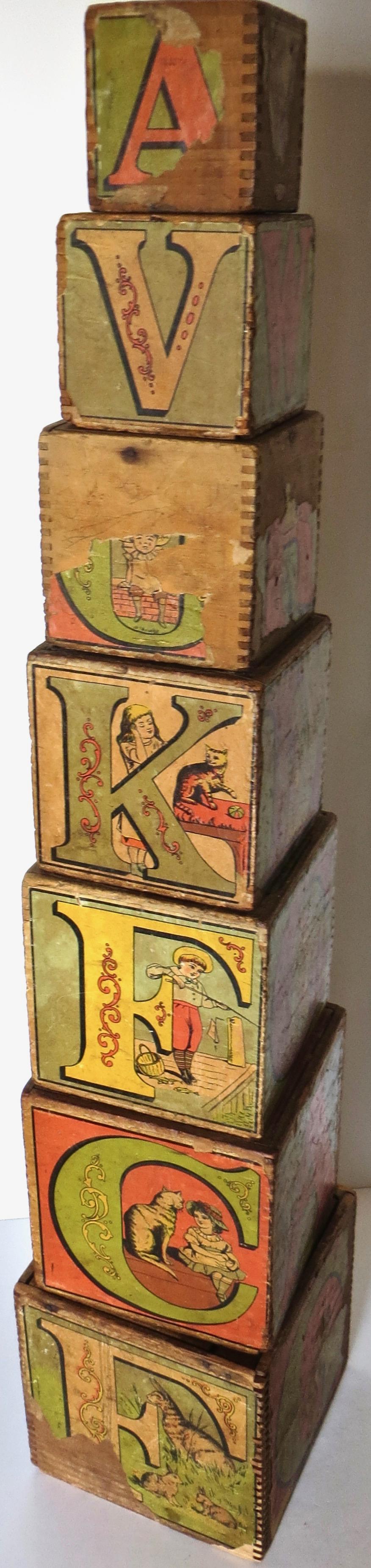 American Large Size Set of '7' Victorian Lithographed Alphabet Blocks, circa 1885