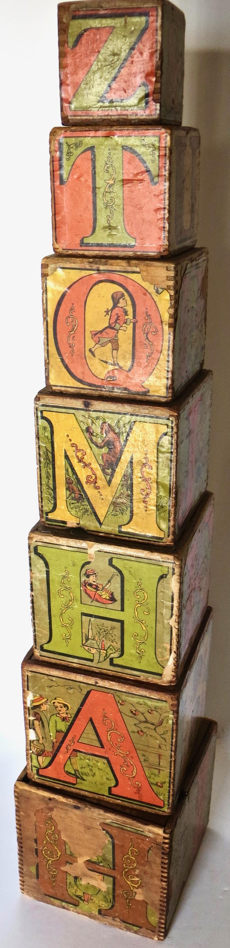 Hand-Crafted Large Size Set of '7' Victorian Lithographed Alphabet Blocks, circa 1885