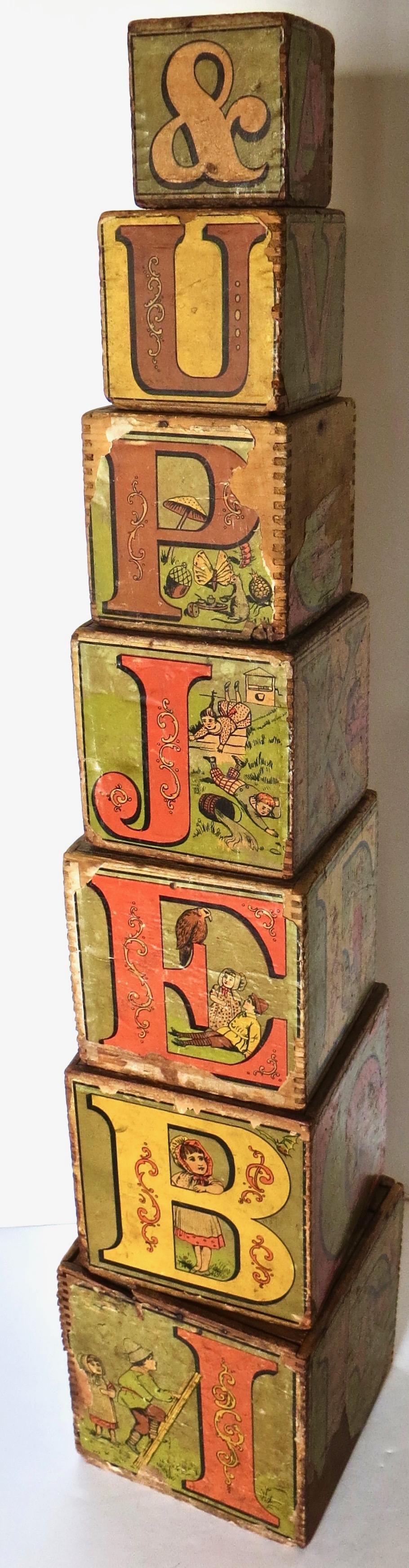 Large Size Set of '7' Victorian Lithographed Alphabet Blocks, circa 1885 In Good Condition In Incline Village, NV