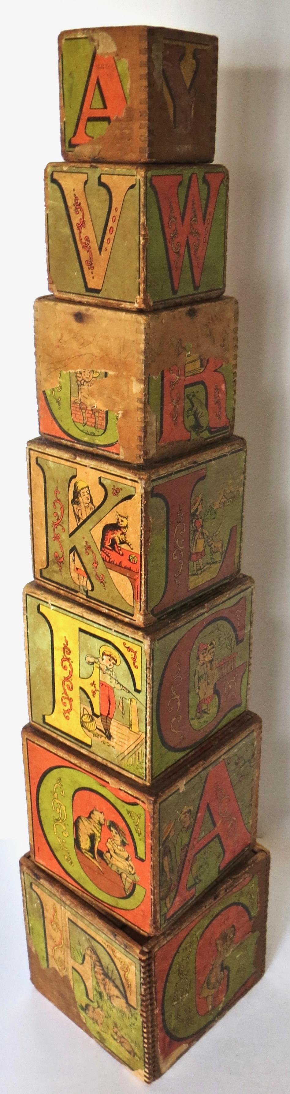 Late 19th Century Large Size Set of '7' Victorian Lithographed Alphabet Blocks, circa 1885