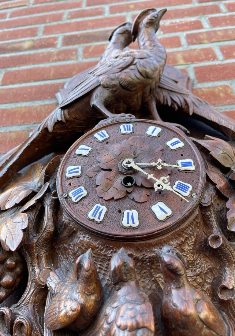 Large Swiss Black Forest Hand Carved Wall Clock Plaque with Pheasant Sculptures For Sale 1