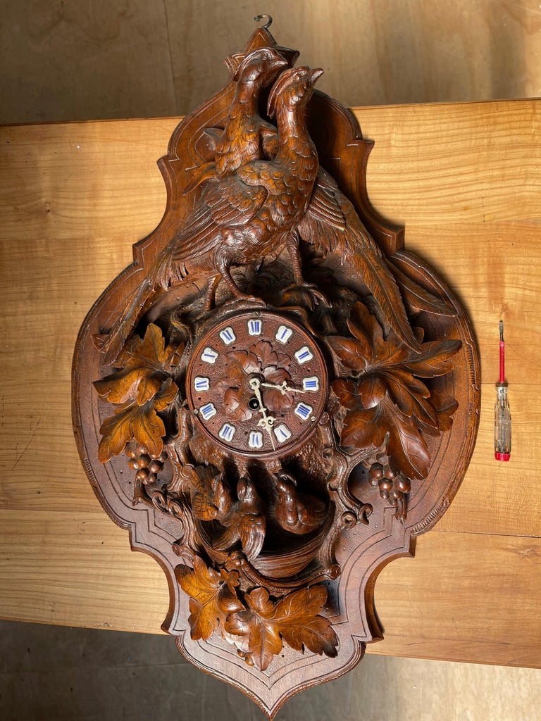 Hand-Carved Large Swiss Black Forest Hand Carved Wall Clock Plaque with Pheasant Sculptures For Sale