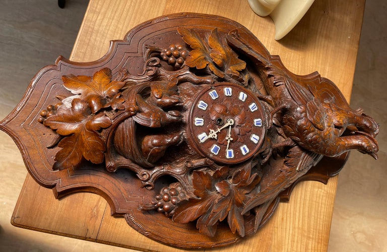 Large Swiss Black Forest Hand Carved Wall Clock Plaque with Pheasant Sculptures For Sale 10