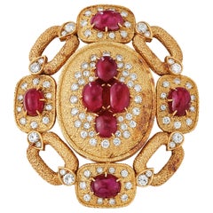 Large Size Van Cleef & Arpels Natural Cabochon Ruby and Diamond Brooch