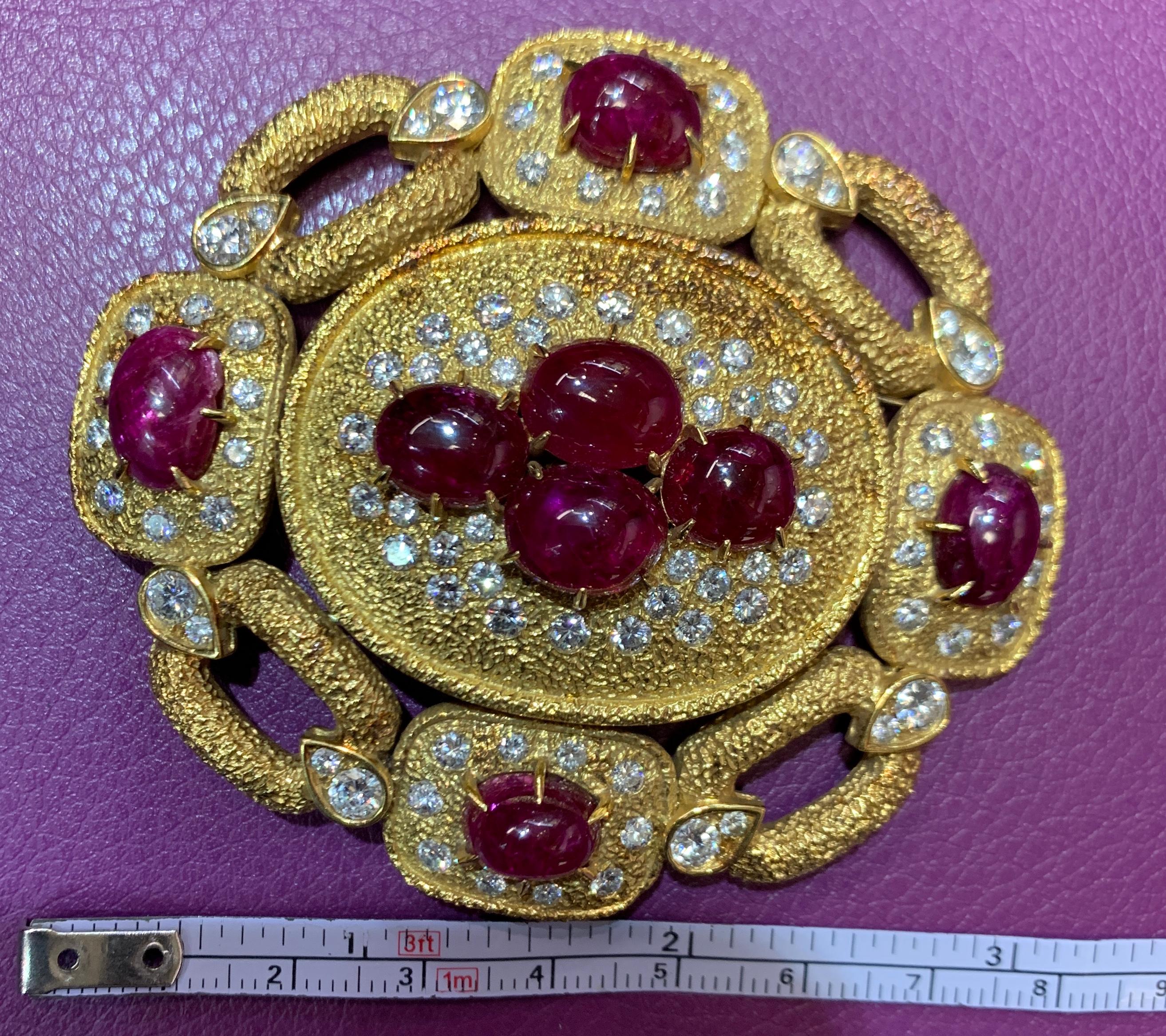 Large Size Van Cleef & Arpels Natural Cabochon Ruby and Diamond Brooch 1