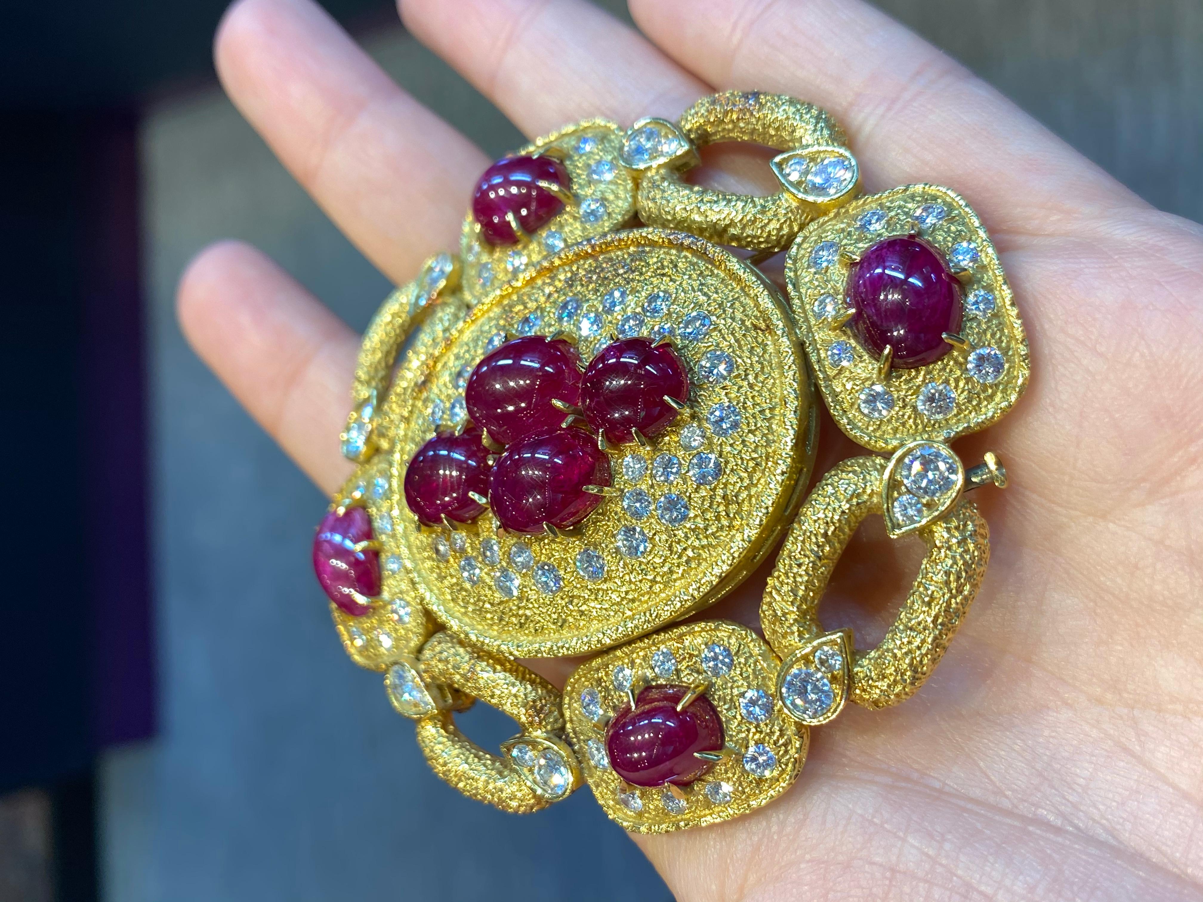 Large Size Van Cleef & Arpels Natural Cabochon Ruby and Diamond Brooch 2
