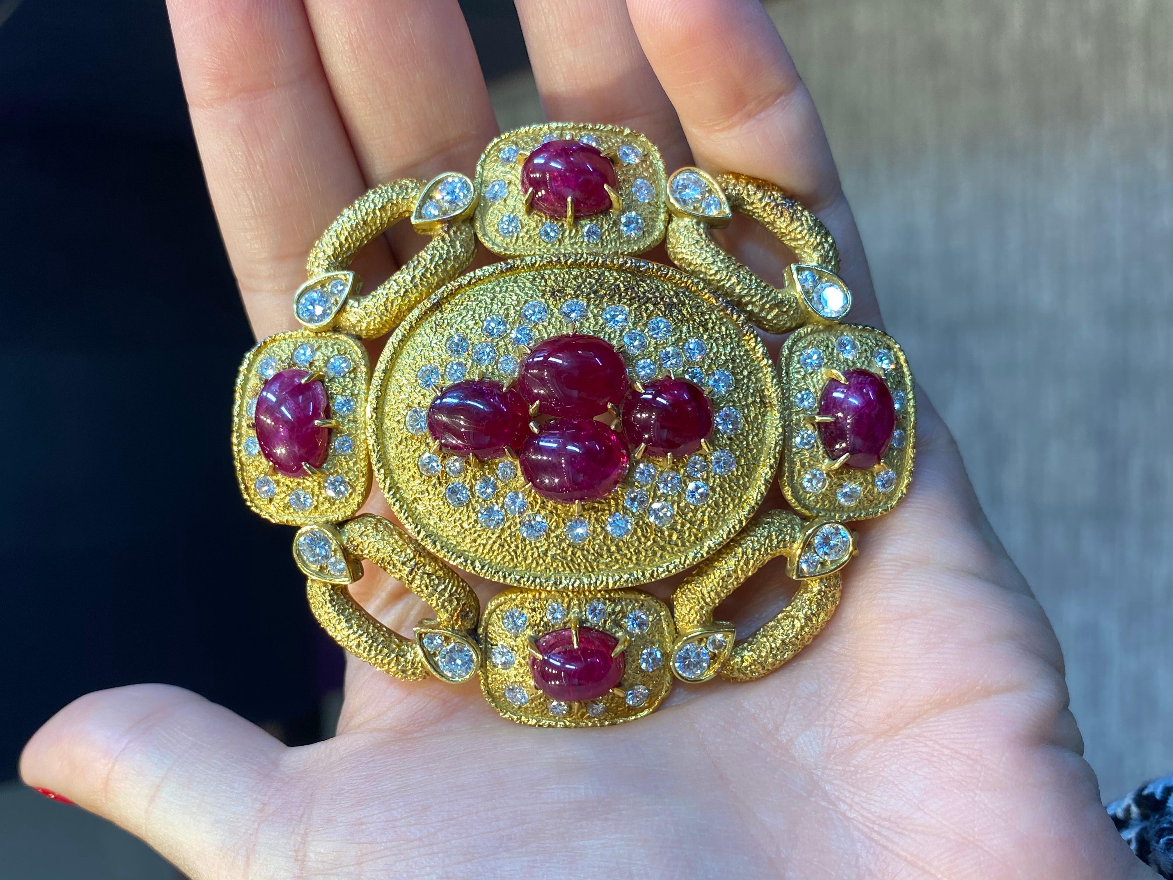 Large Size Van Cleef & Arpels Natural Cabochon Ruby and Diamond Brooch 4