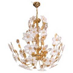 Large Size Vintage Murano Glass Chandelier White Flowers, 1970
