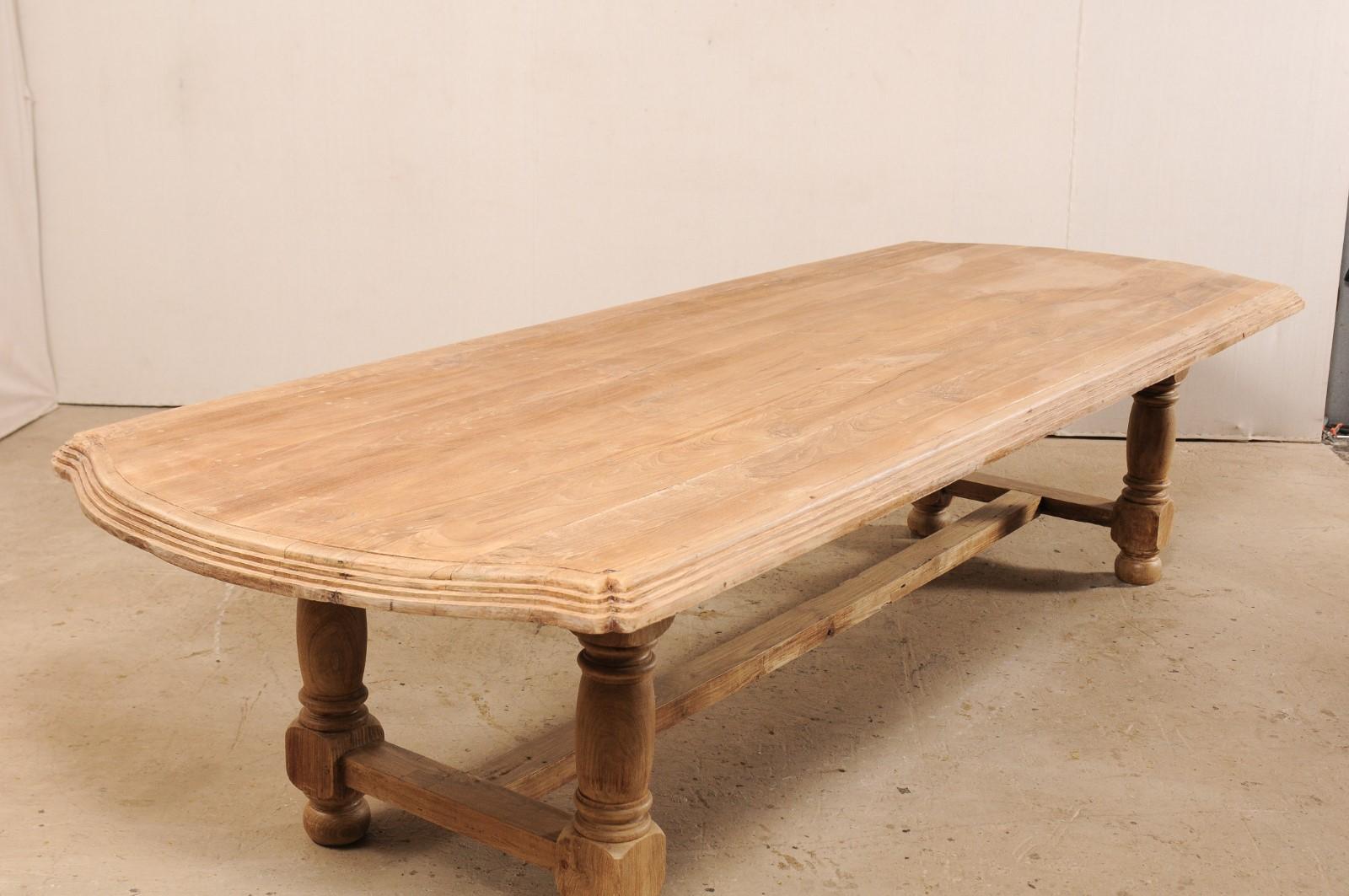 Bleached A 19th C. Anglo-Indian Light Teak Wood Dining Table w/Robust Legs, 11+ Ft Long