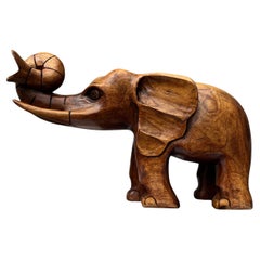 Large-Sized Hand-Carved Wooden Elephant Sculpture, Circa late 20th Century.