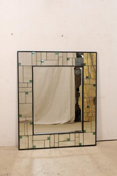 Large-Sized Mirror w/ Geometric Mirror Border & Green Colored Accents
