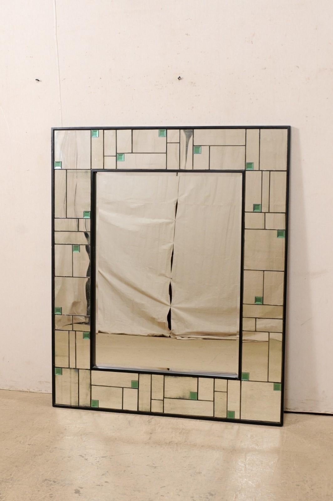 American Large-Sized Mirror w/ Geometric Mirror Border & Green Colored Accents For Sale