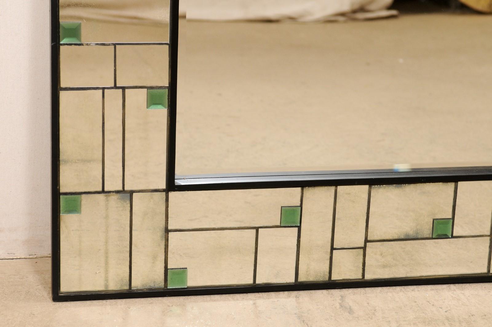 20th Century Large-Sized Mirror w/ Geometric Mirror Border & Green Colored Accents For Sale