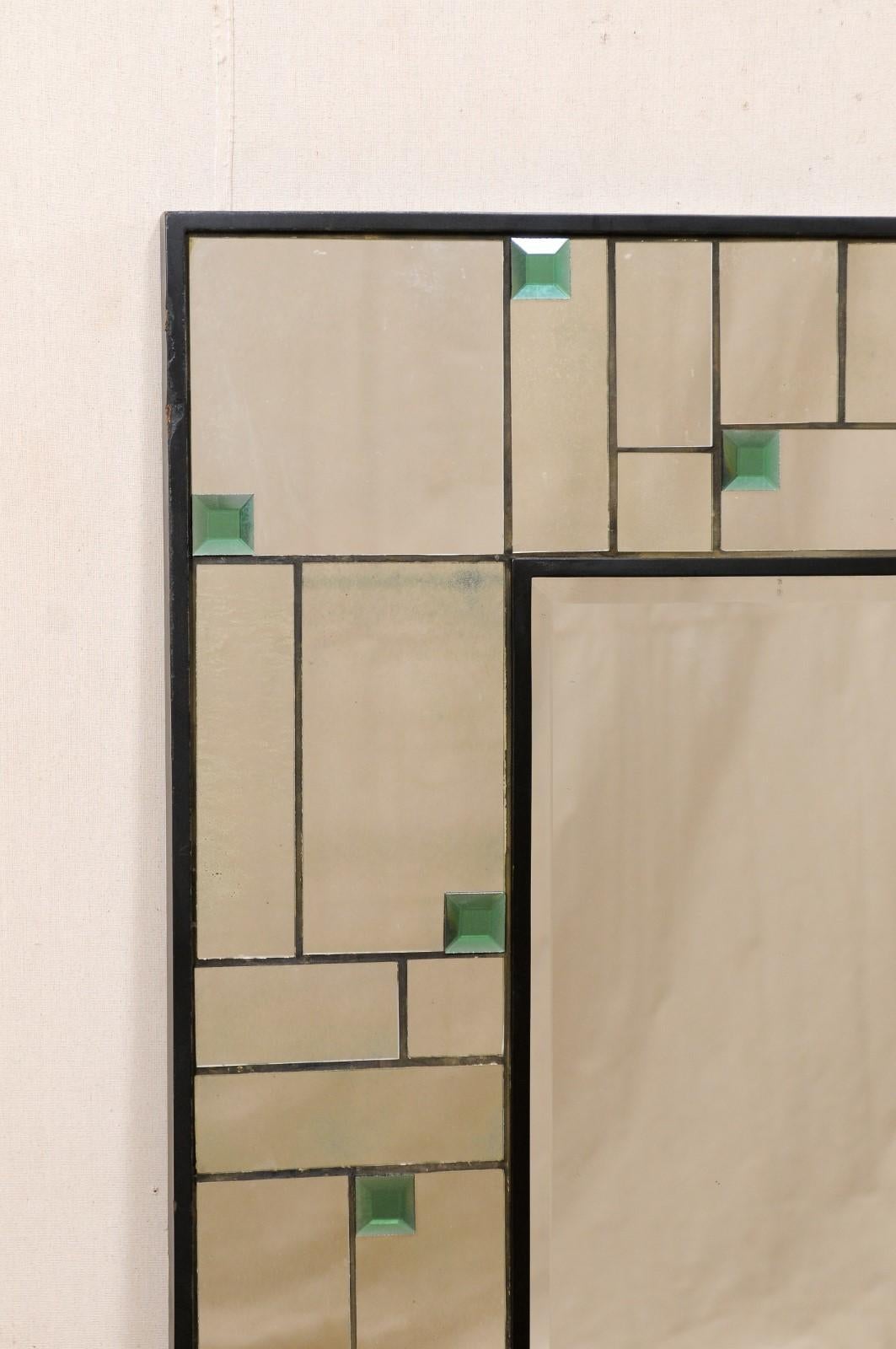 Large-Sized Mirror w/ Geometric Mirror Border & Green Colored Accents For Sale 1