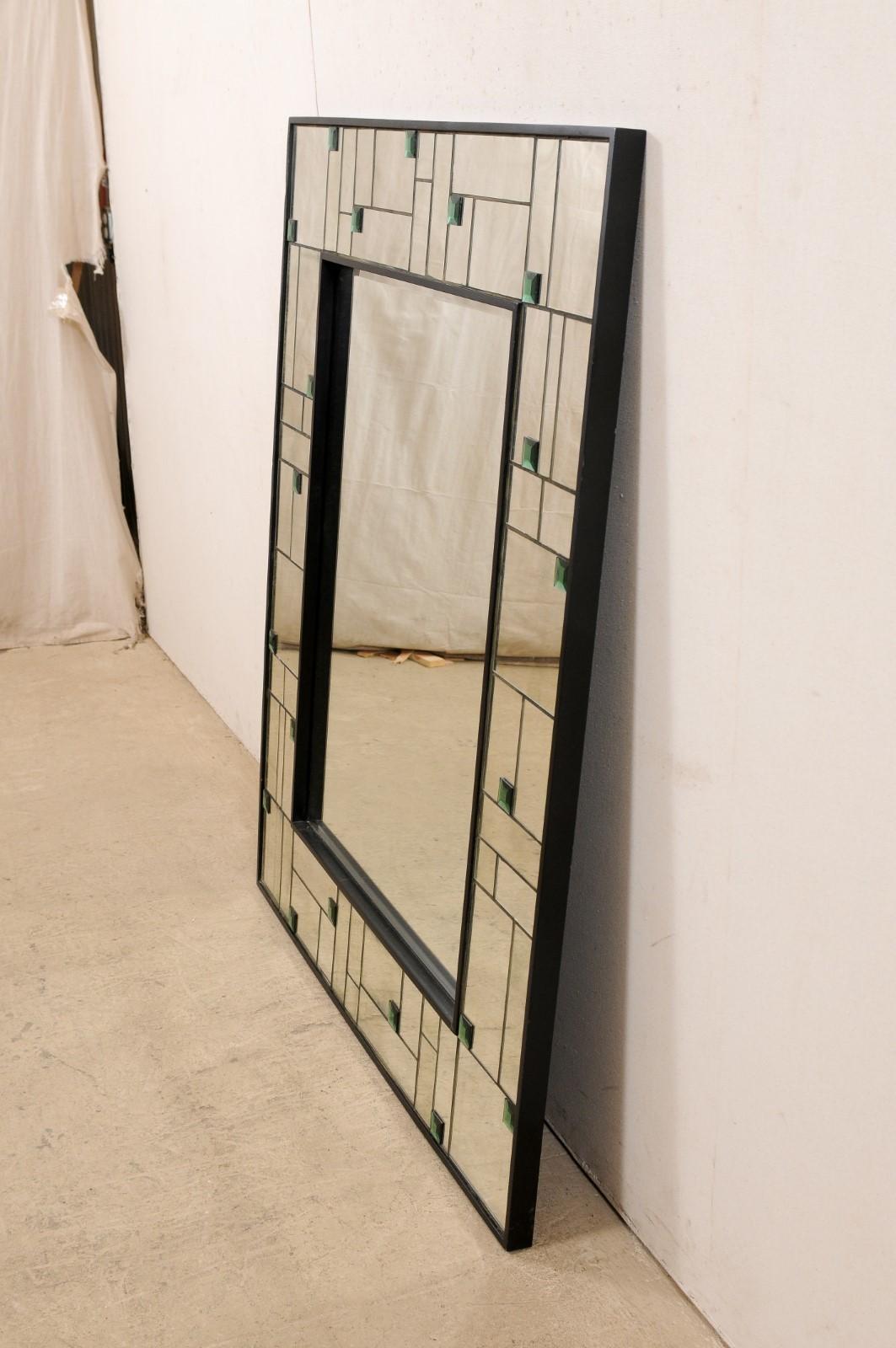 Large-Sized Mirror w/ Geometric Mirror Border & Green Colored Accents For Sale 4