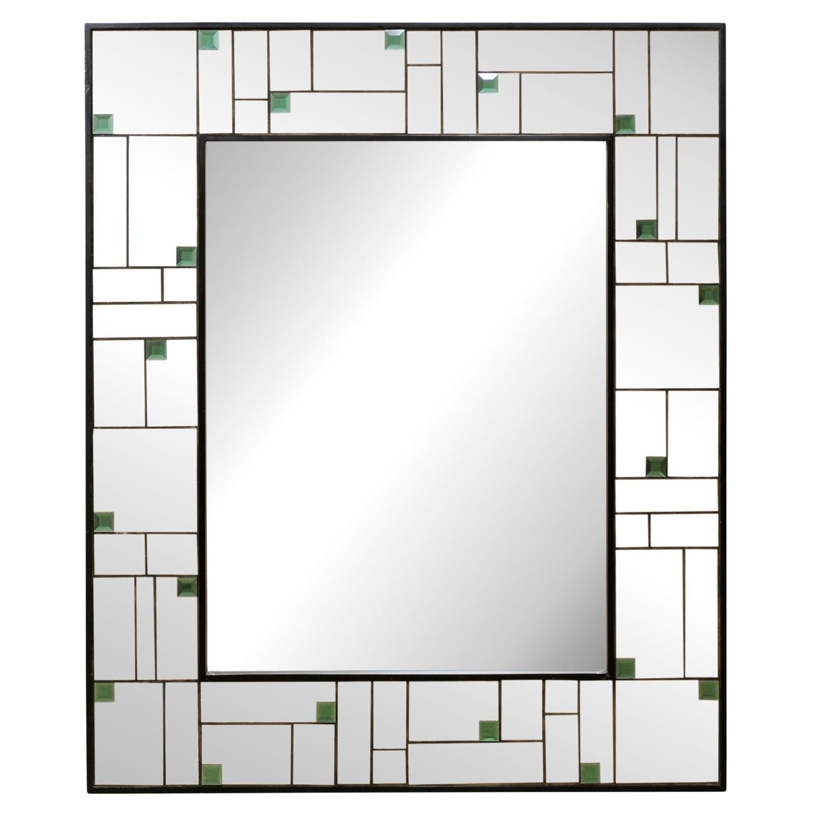 Large-Sized Mirror w/ Geometric Mirror Border & Green Colored Accents For Sale
