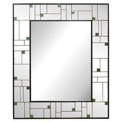 Large-Sized Mirror w/ Geometric Mirror Border & Green Colored Accents