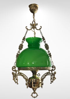 Large Sized Victorian Opaline Green Glass Hanging Lantern Chandelier