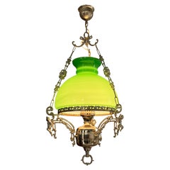 Lampadario vittoriano di grandi dimensioni con lanterna appesa in vetro verde opalino