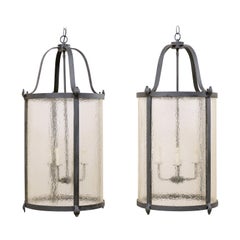 Large-Sized Vintage 4-Light Lanterns w/ Iron Domed Tops and Textured Glass, Pair
