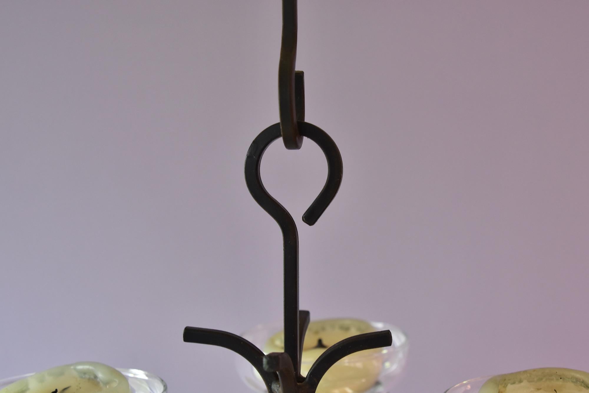 Large Scandinavien Wrought Iron Chandelier for Twelve Lights 1960's Metal Glass In Good Condition For Sale In Krefeld, DE