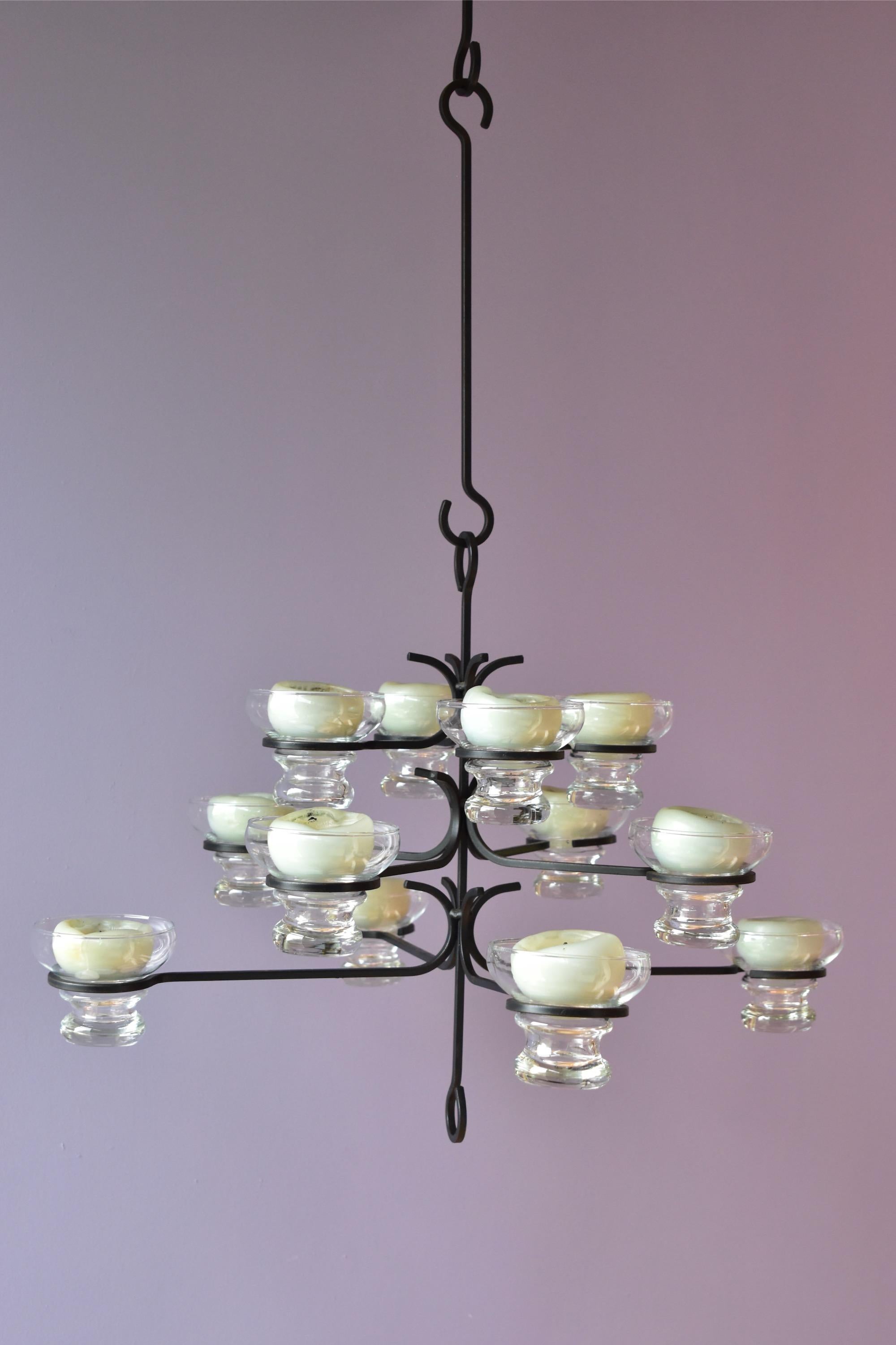 Large Scandinavien Wrought Iron Chandelier for Twelve Lights 1960's Metal Glass For Sale 2