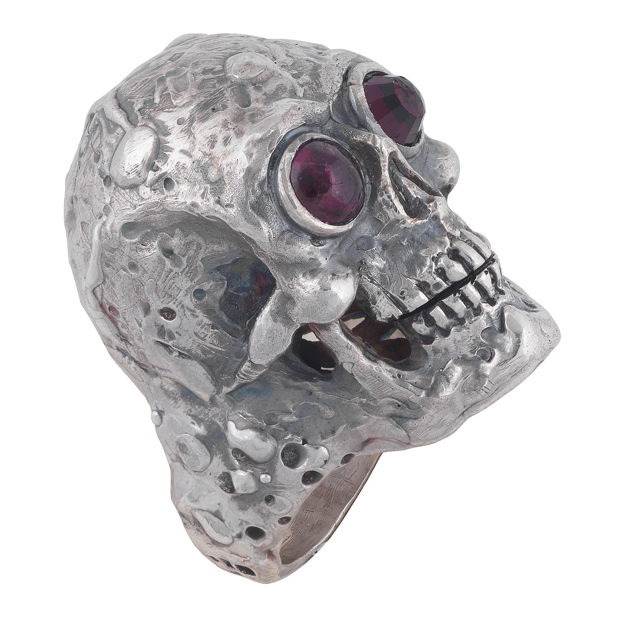 Large Skull Ring with Garnet Sterling Silver