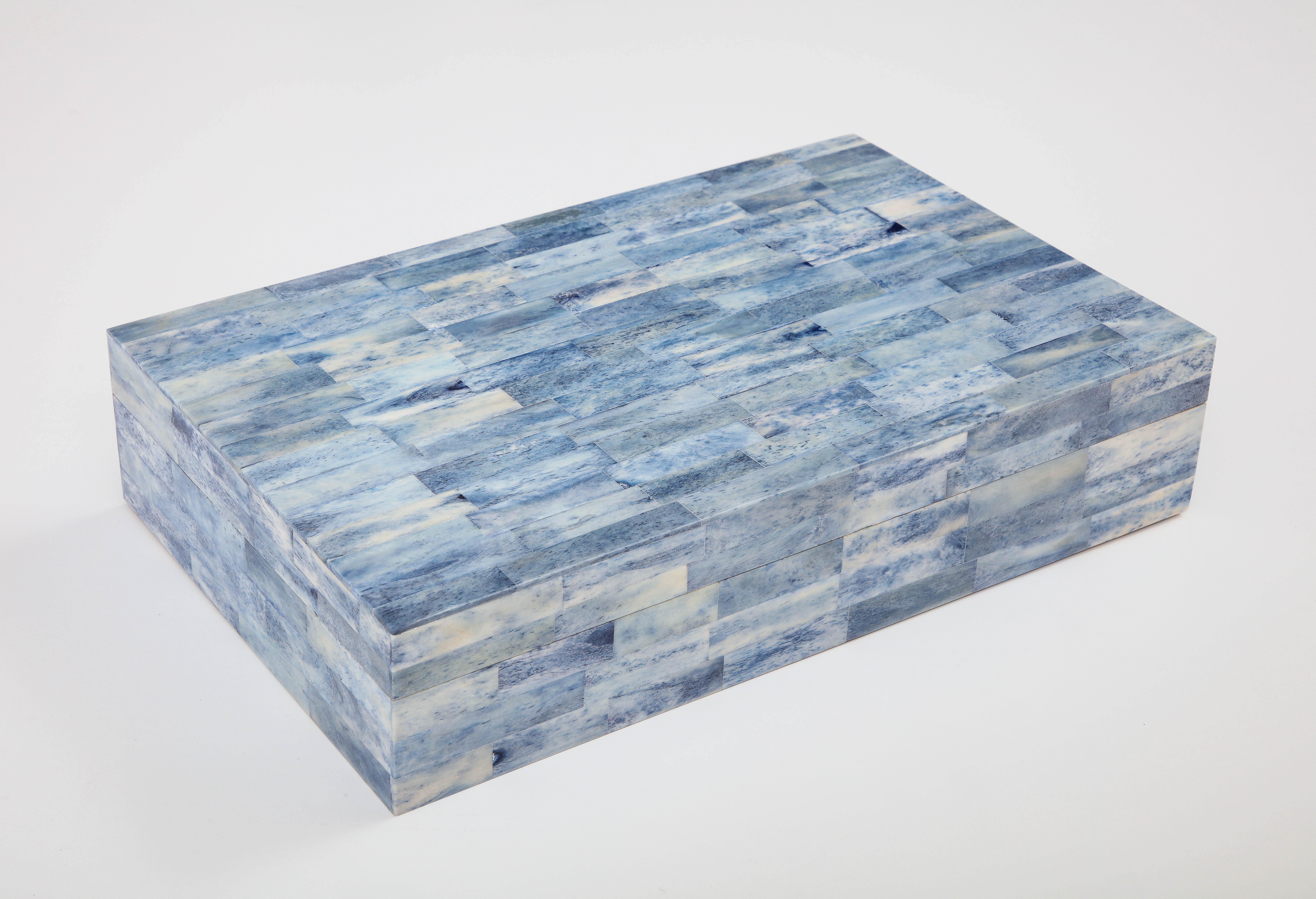 Large scale document/keepsake box in sky blue dyed bone tiles, all hand set on a wood over a wood box. A great storage addition to any coffee table, dresser or desk.