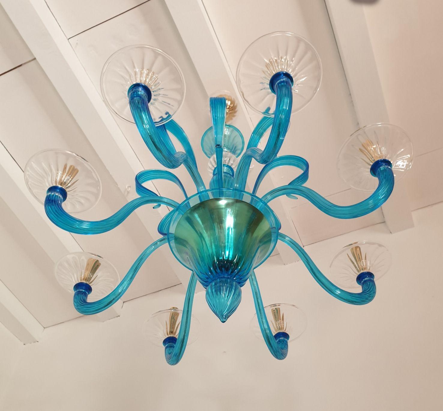 Blue Murano glass chandelier - Italy In Excellent Condition For Sale In Dallas, TX