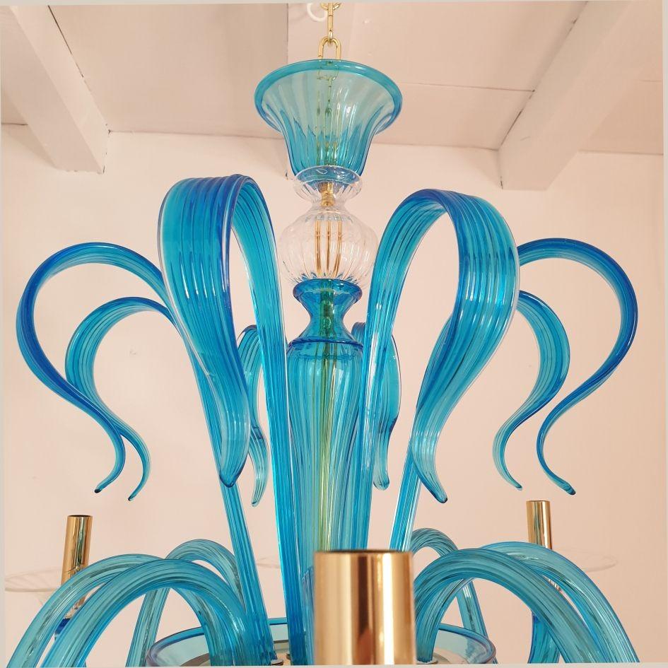 Gold Plate Blue Murano glass chandelier - Italy For Sale