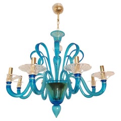 Large Sky Blue-Clear Murano Glass Chandelier Mid-Century Modern