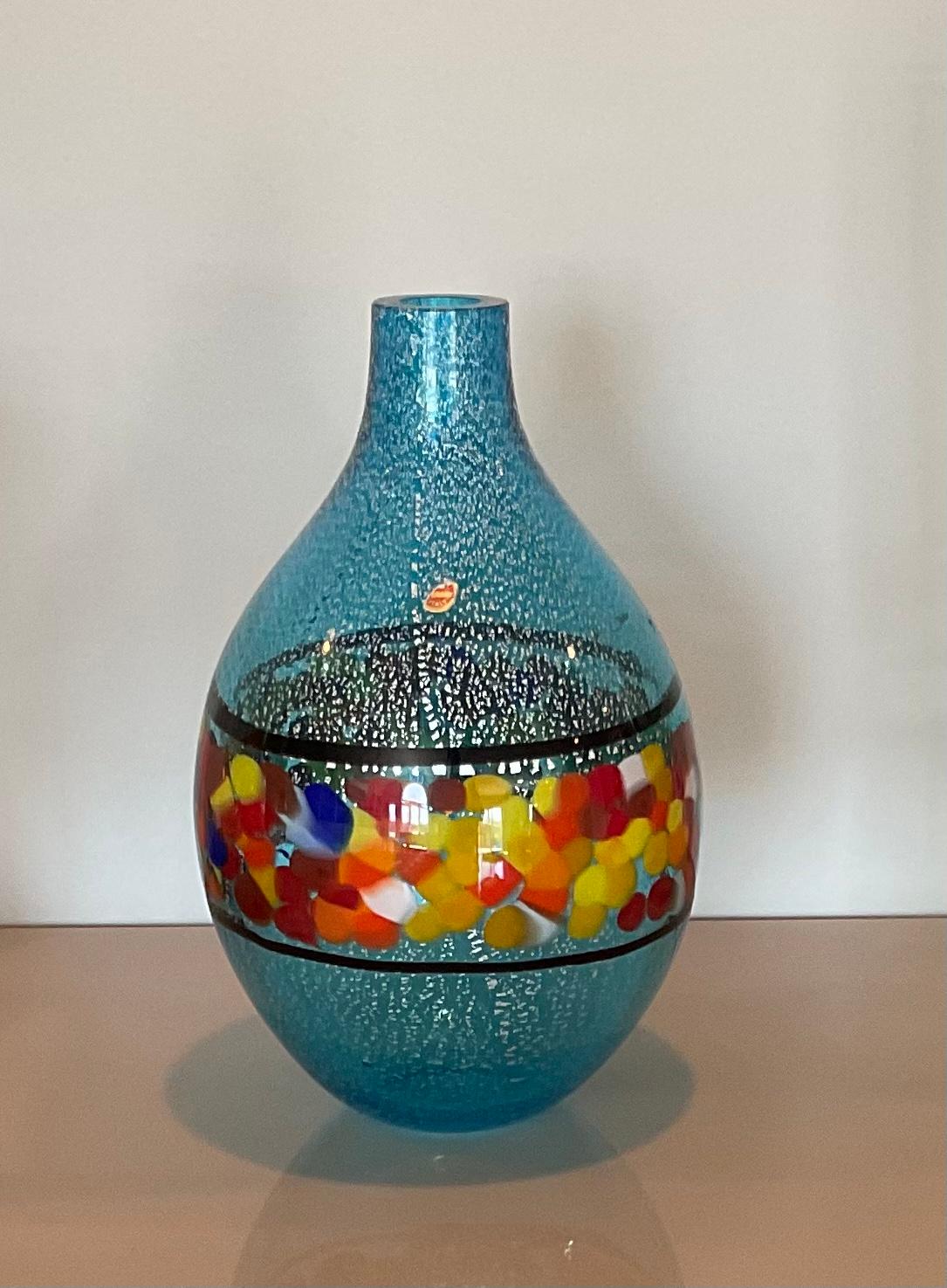 Large Sky blue with silver accent and Murrine decoration Murano glass studio Art glass vase. Very high quality.
