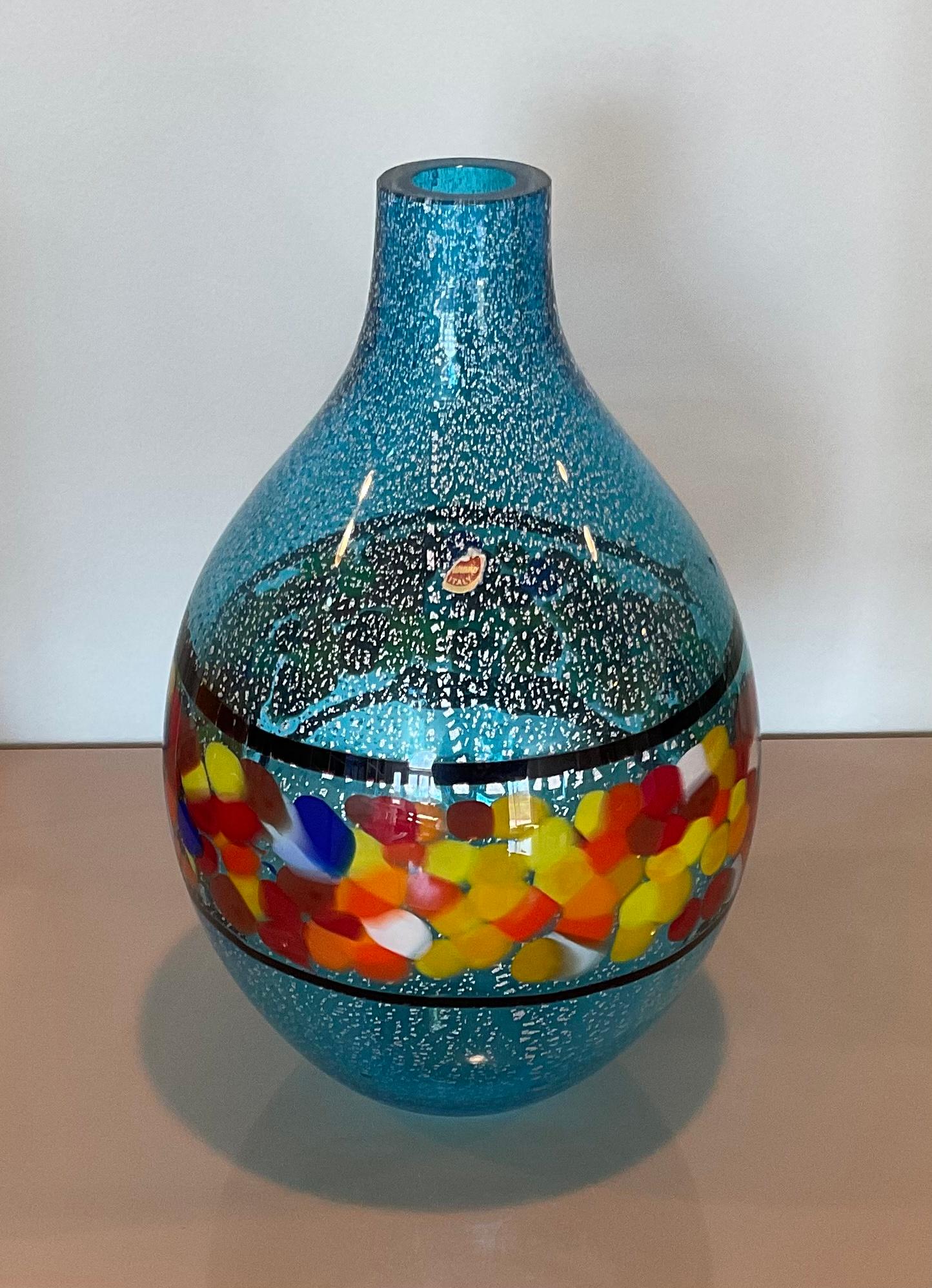Mid-Century Modern Large Sky Blue with Silver Accent and Murrine Decoration Murano Glass Studio For Sale
