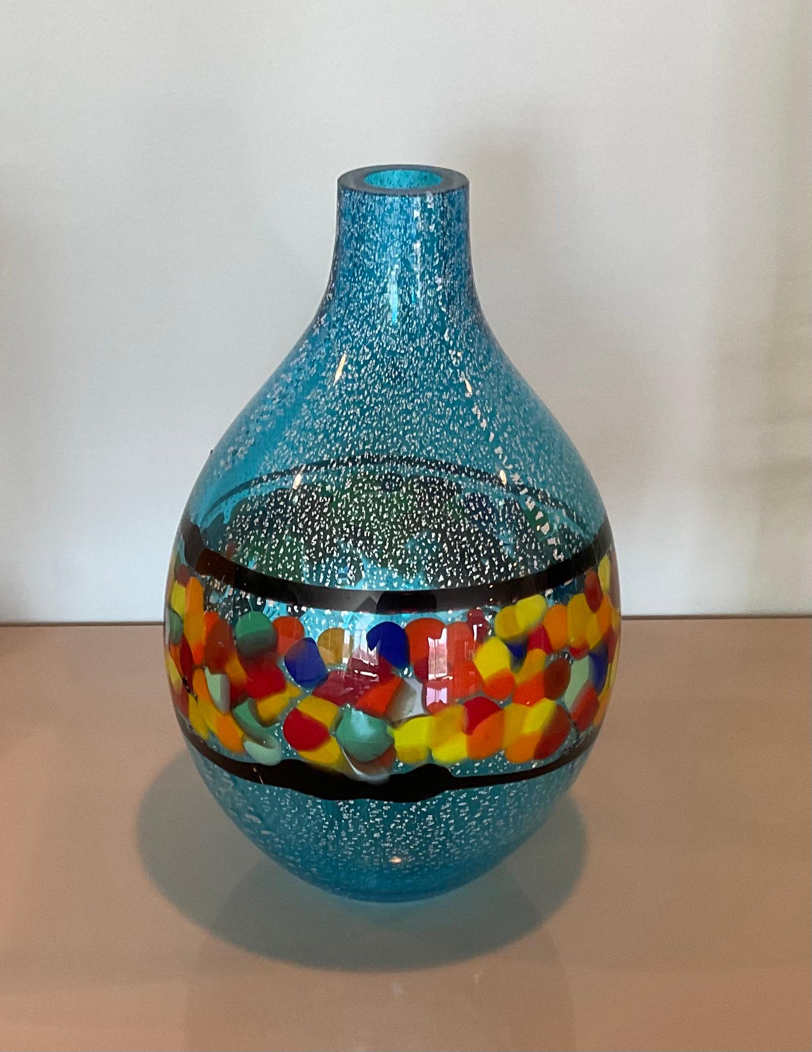 Italian Large Sky Blue with Silver Accent and Murrine Decoration Murano Glass Studio For Sale