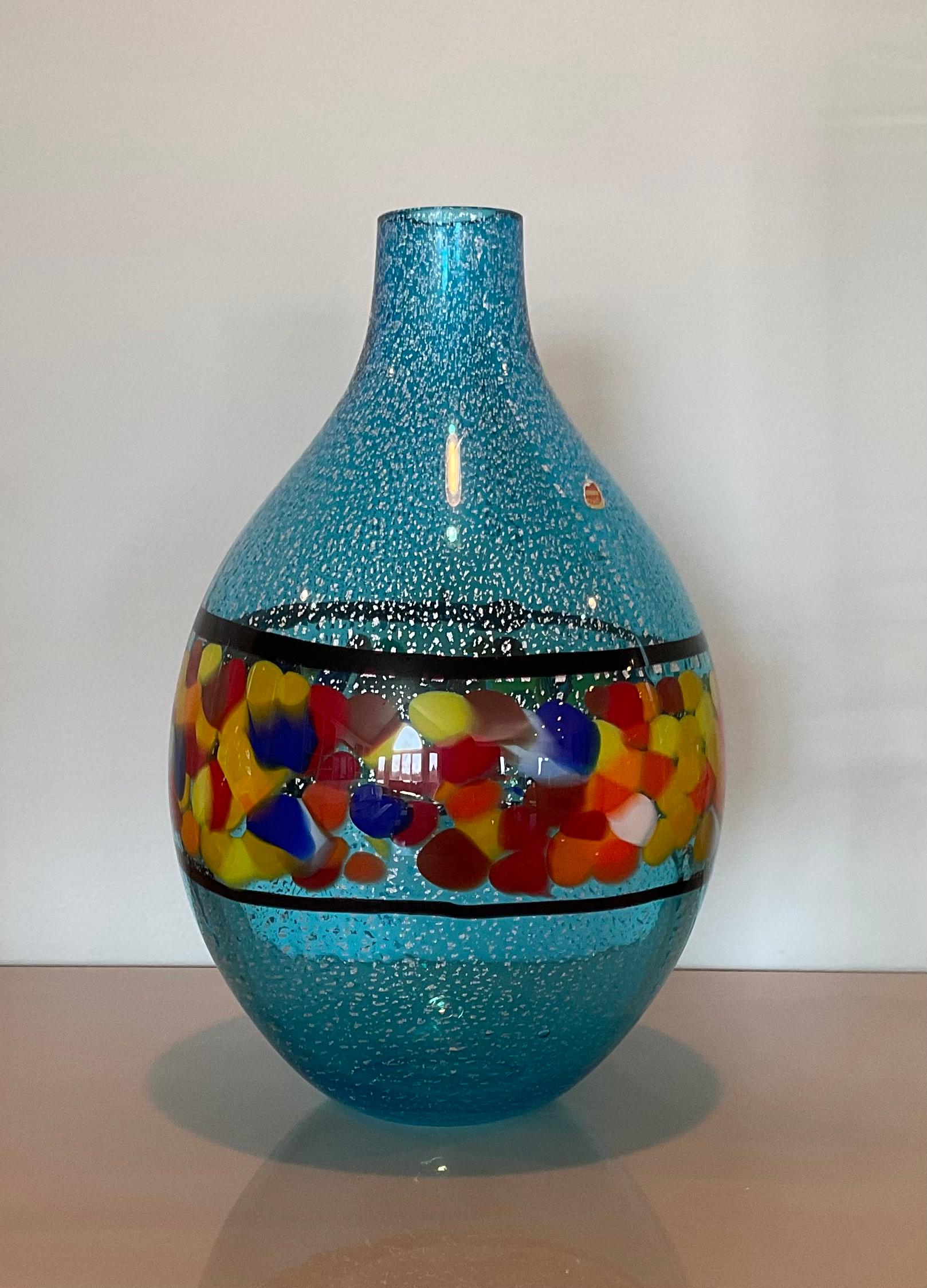 Late 20th Century Large Sky Blue with Silver Accent and Murrine Decoration Murano Glass Studio For Sale