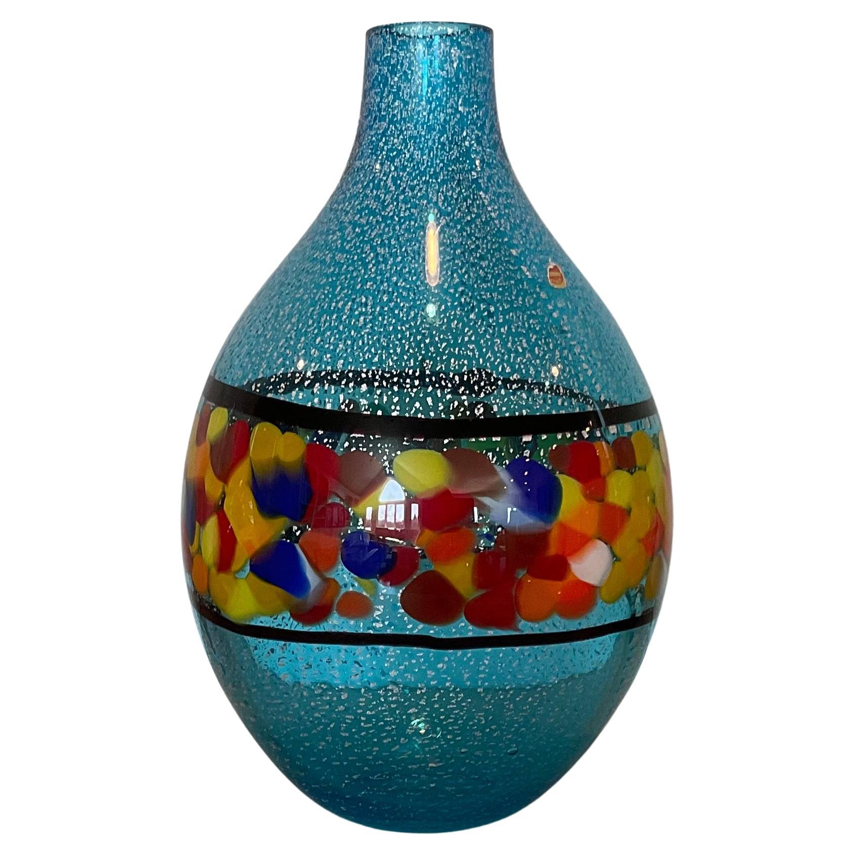 Large Sky Blue with Silver Accent and Murrine Decoration Murano Glass Studio For Sale